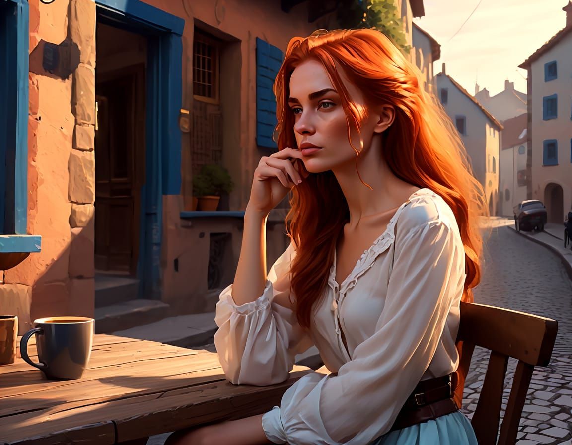 Elegant Red Woman Sips Coffee in a Quiet Village