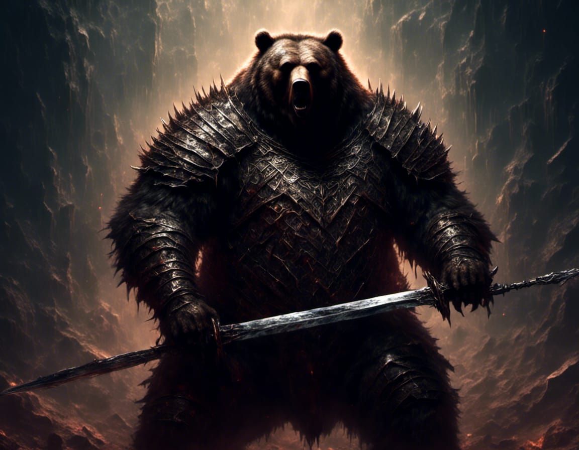 Grizzly Bear Barbarian with Greatsword in Darkness