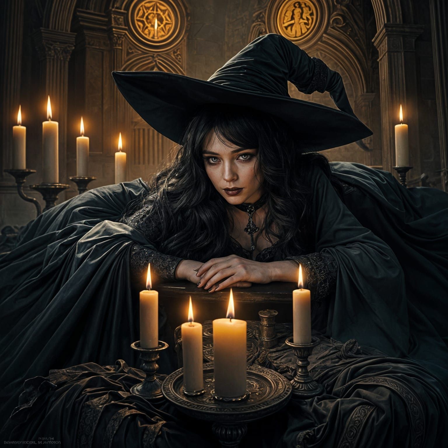 Dark Gothic Witch in Candlelit Altar Scene