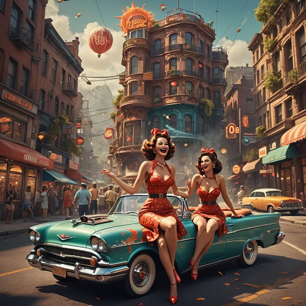 Groovy 60s Convertible Car with Dancing Girls