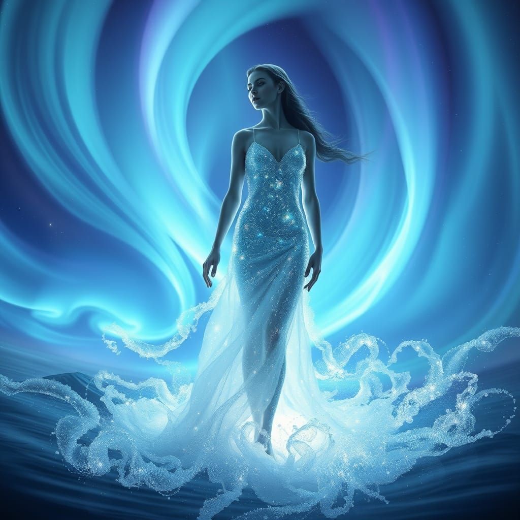 Ethereal Water Nymph Amidst Aurora Borealis in Dreamlike, Hy...