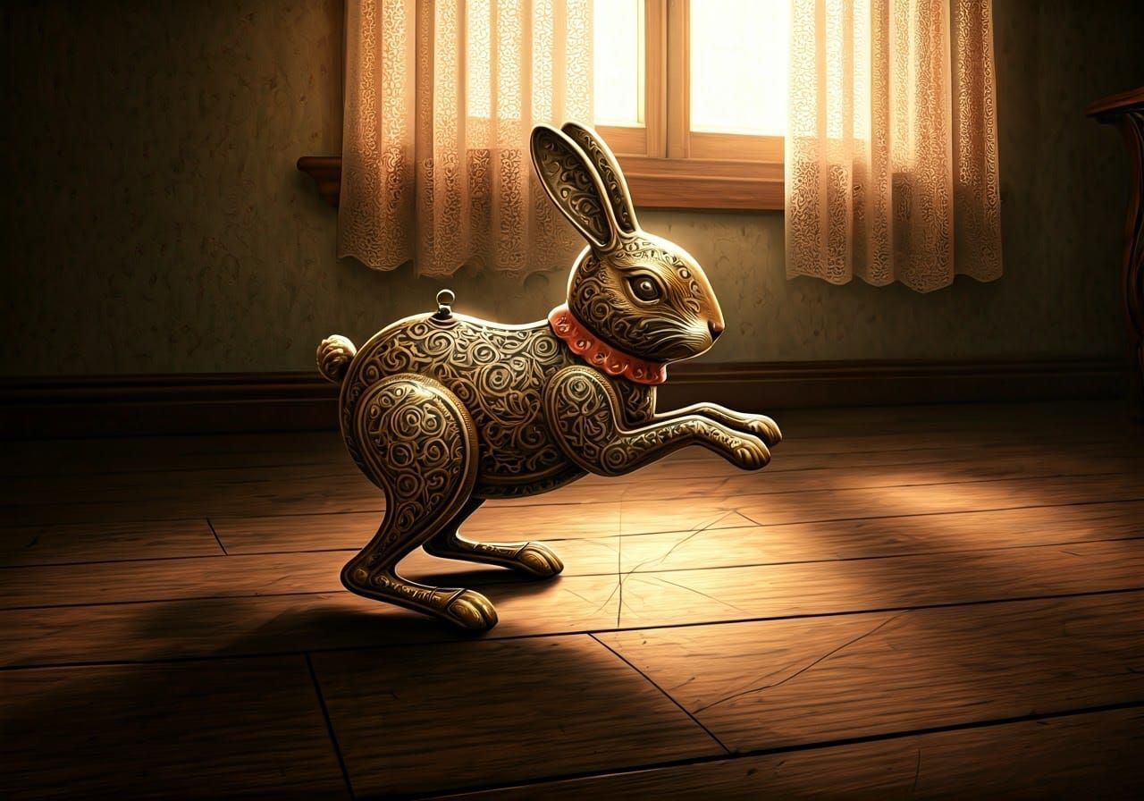Vintage Mechanical Bunny Toy in Golden Light