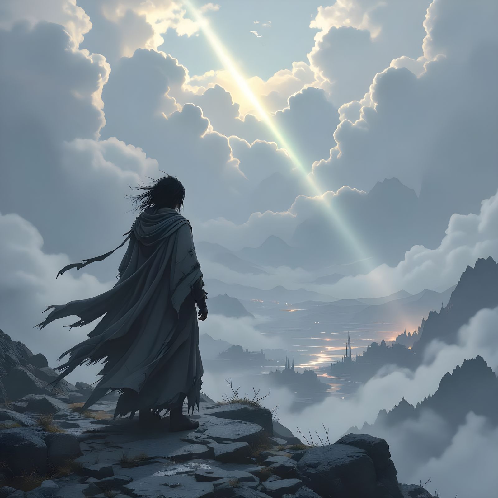 Melancholic Anime Wanderer Gazing at War-Torn Landscape