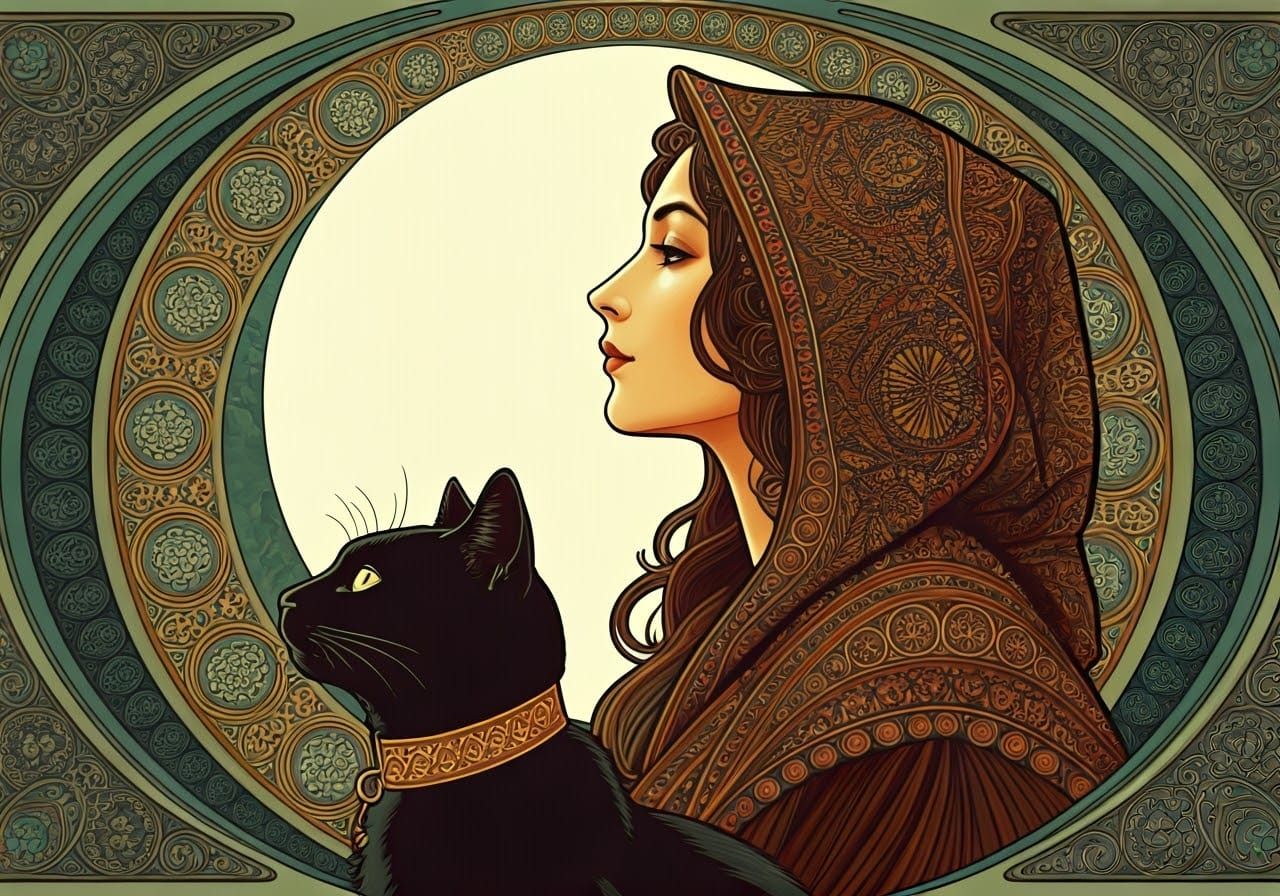 Woman Gazing at Full Moon in Art Nouveau Style