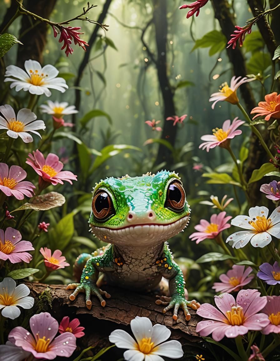 Baby Gecko Smiling in Jungle, Wes Anderson Style