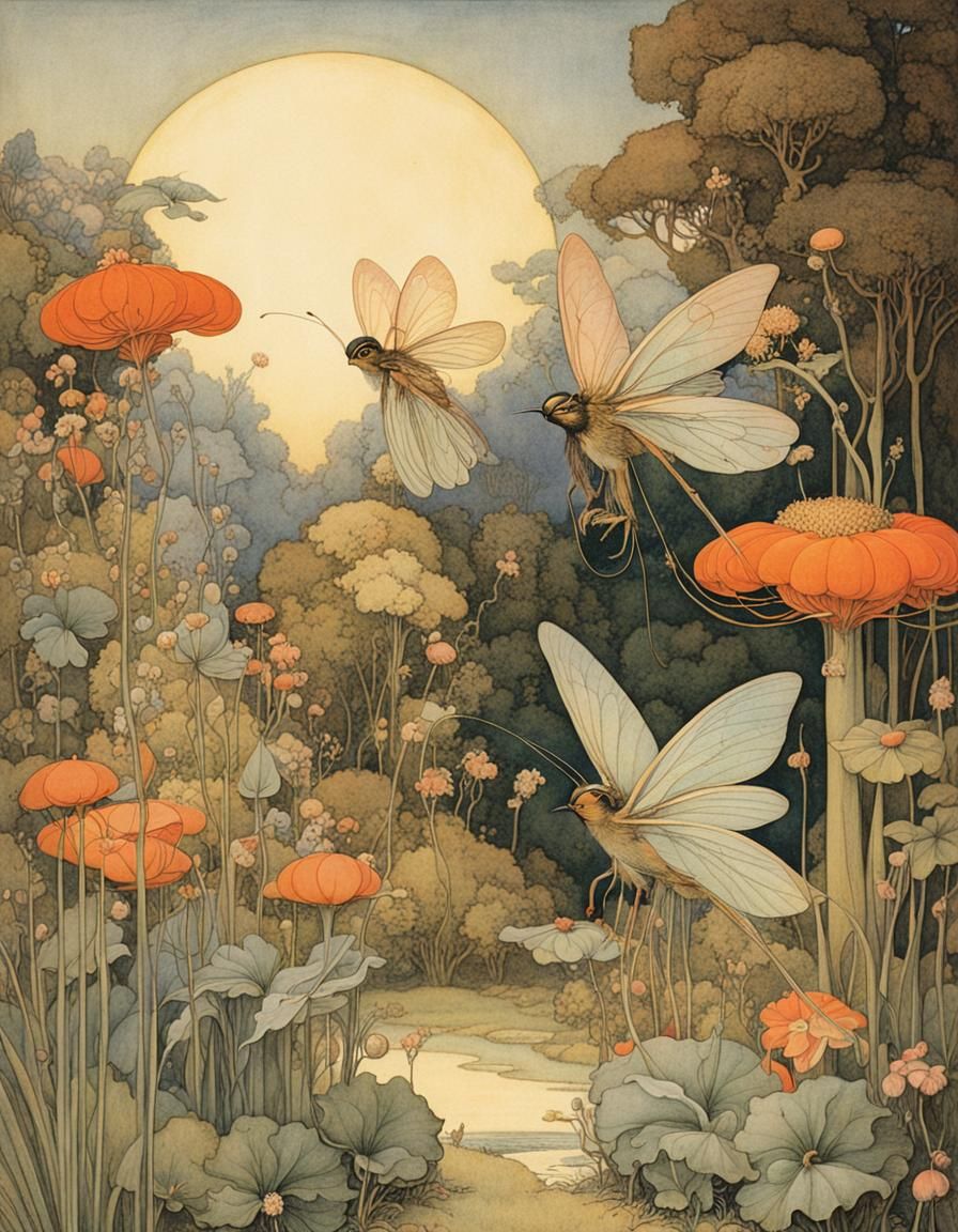 Whimsical Fairies in Enchanted Garden Illustration