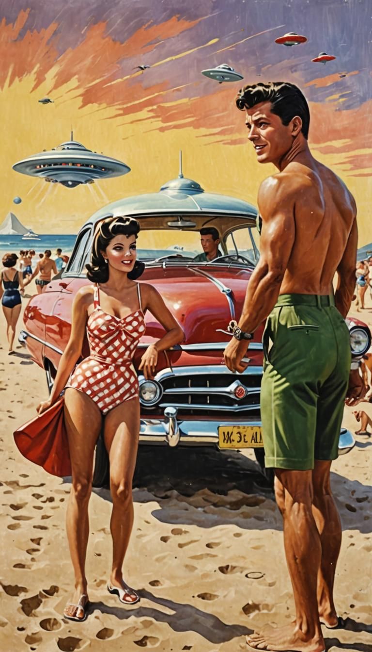 Retro 1950s Beach Movie Poster with Flying Saucer
