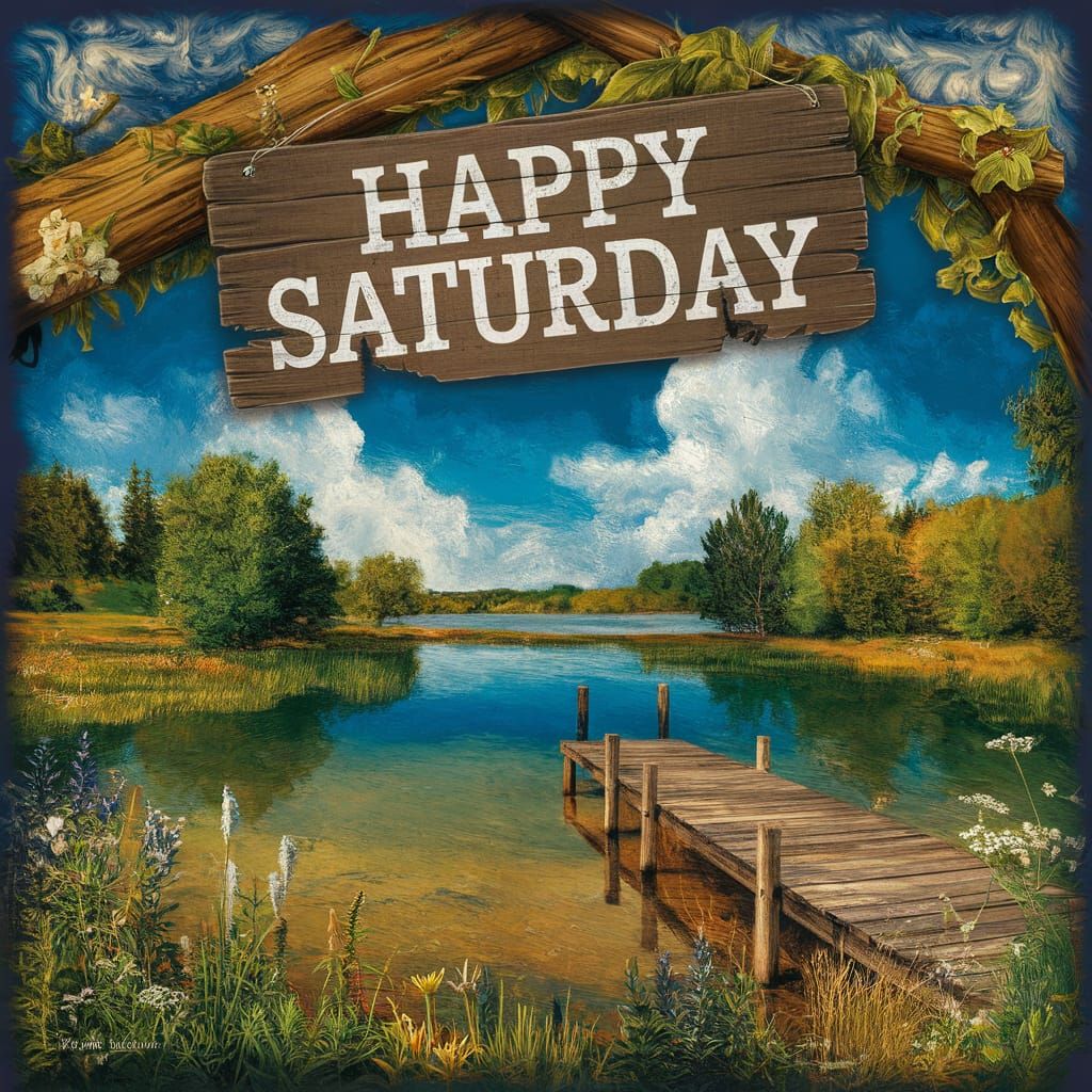 Countryside Landscape Painting with a Happy Saturday Sign