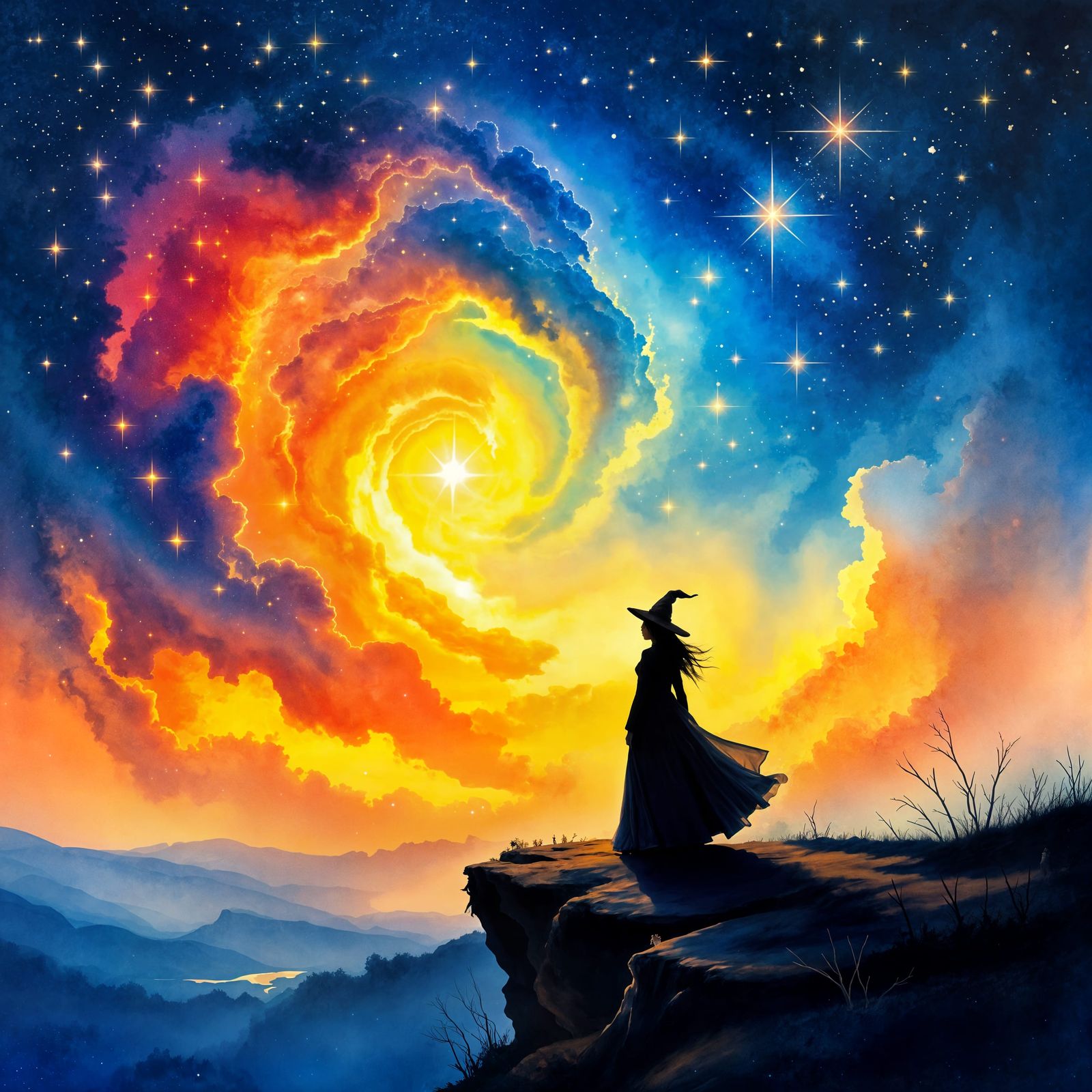 Witch Gazing at Nebula on Cliff Edge in Watercolor Style