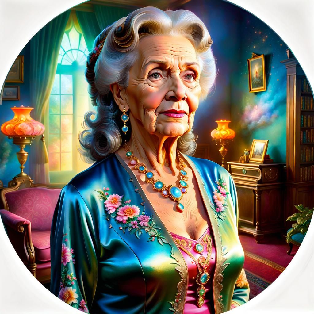 A beautiful 77 year old mother standing in an old living roo...