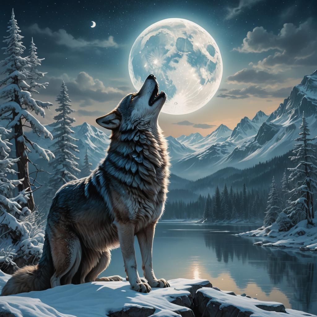 Wolf Howling at Moon in Snowy Landscape