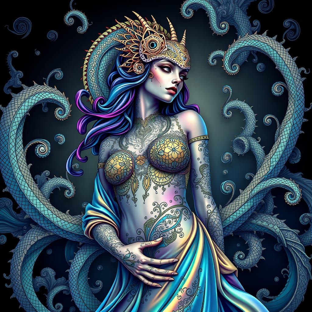 Mystical Woman in Iridescent Fractal Patterns