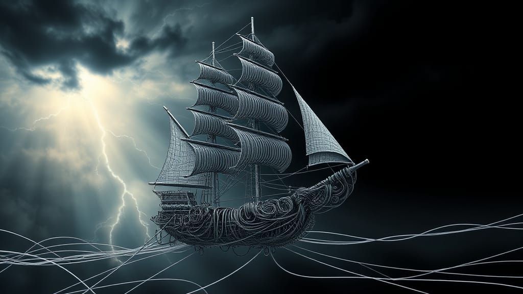 Steel Wire Sailing Ship Sculpture in Biomechanical Style