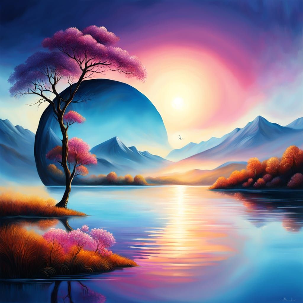 Serene Lake at Sunrise: A Fantasy Oil Painting