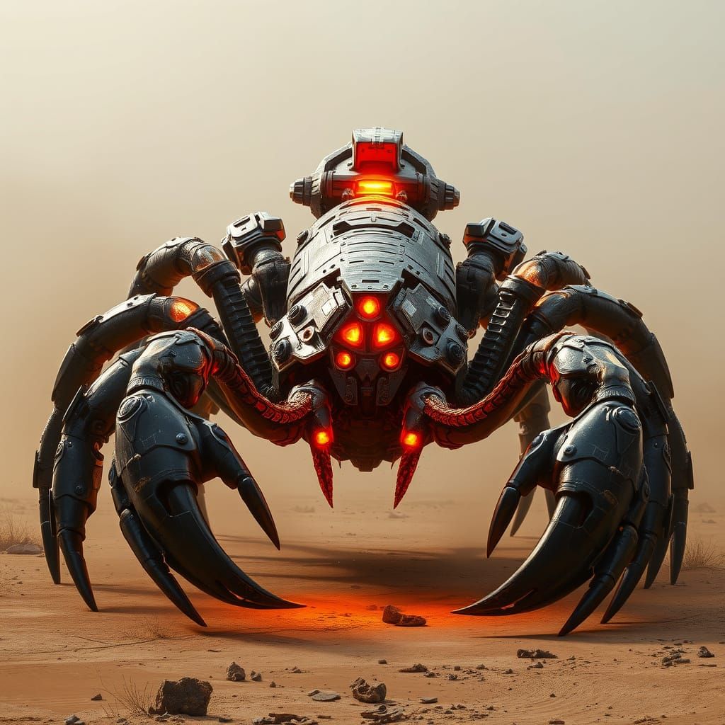 Cybernetic Scorpion in Post-Apocalyptic Desert Landscape