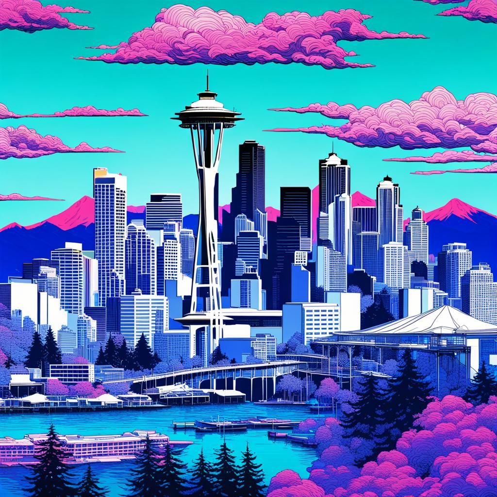 Vaporwave Seattle Skyline in Abstract Art Style