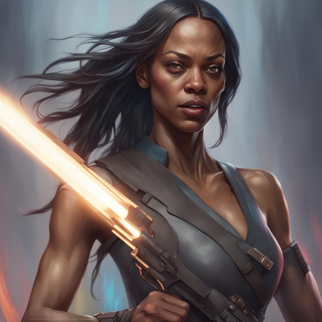 Zoe Saldana Portrait with Weapon in Art Nouveau Style