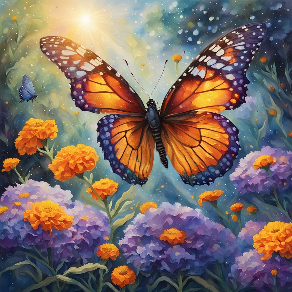 Dreamlike Garden Scene with Butterfly in Realism Style