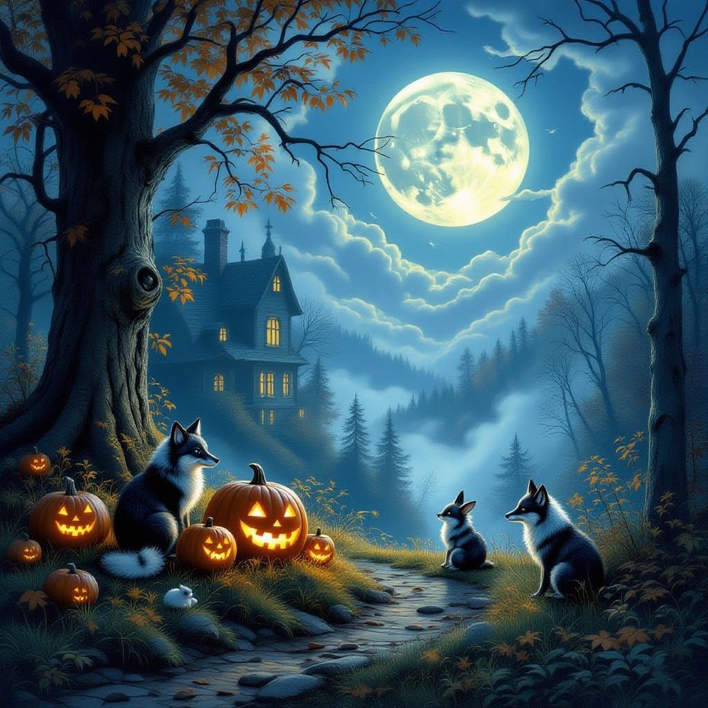 Animals in Halloween Costumes Gather in Moonlit Forest Clear...