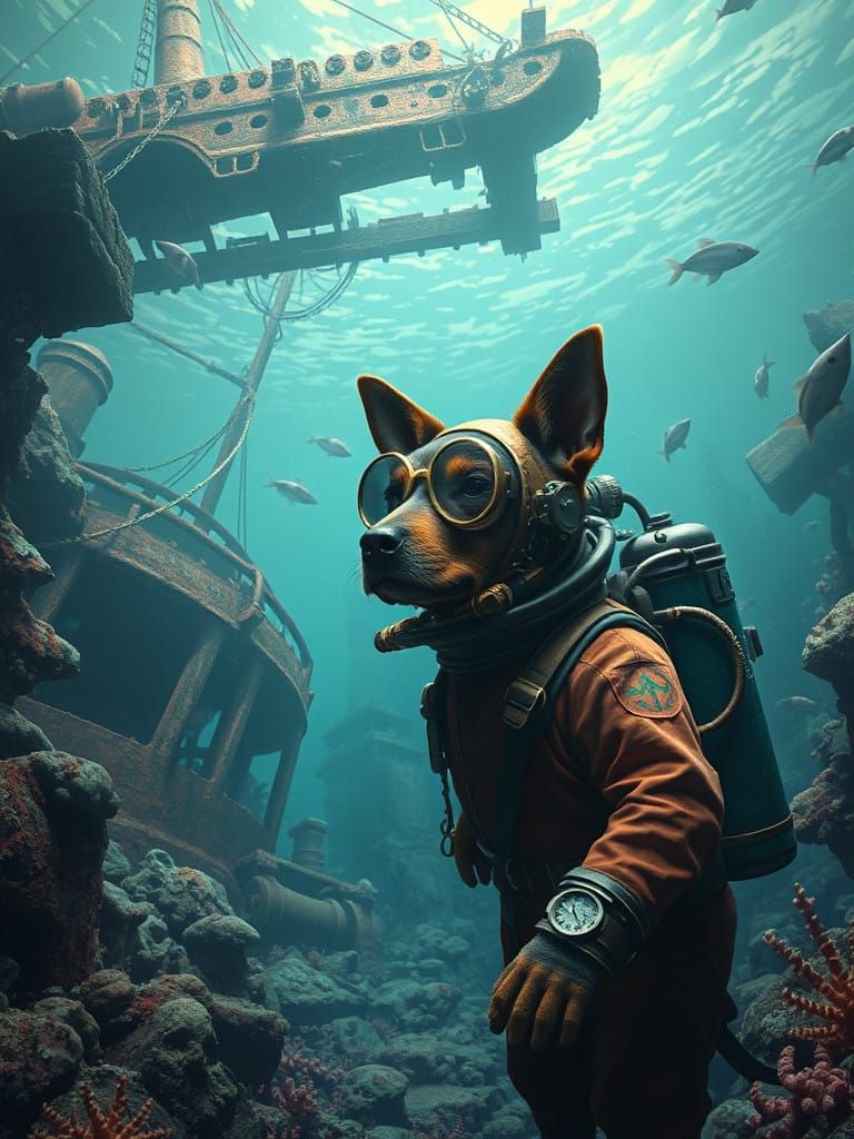 un  chien scaphandrier explore une épave