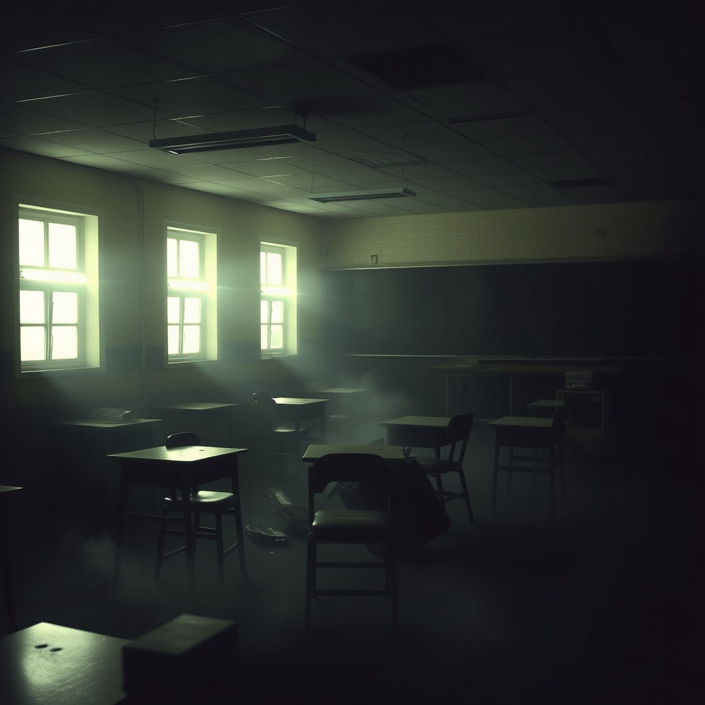 Surreal Abandoned Classroom in Dark, Moody Style