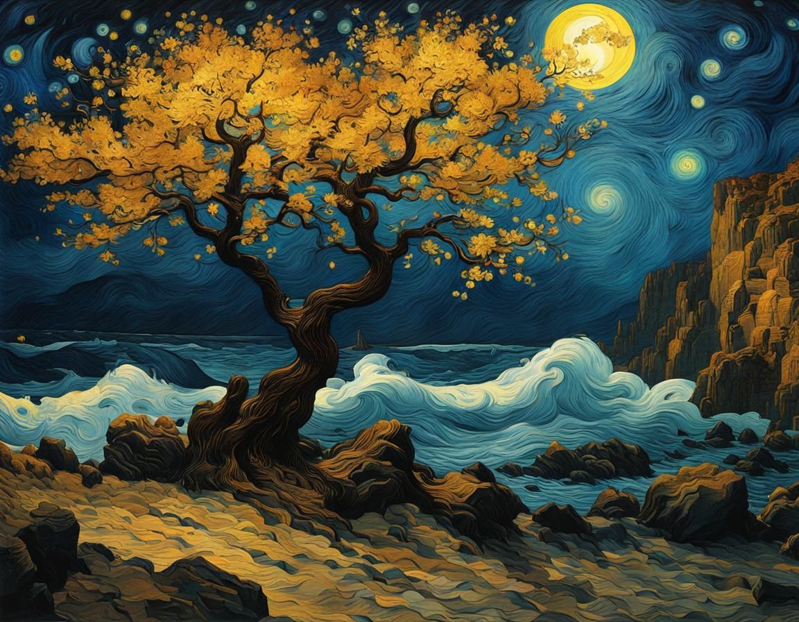 Starry Gothic Seascape in Van Gogh Style