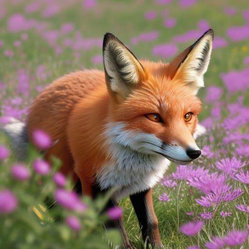 Macro closeup of a fox crouching in the wildflowers, face pe...