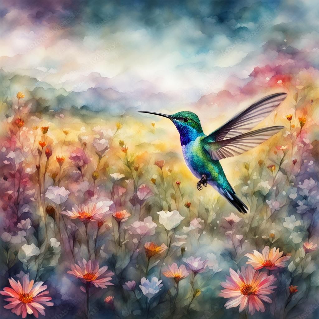 Crystal Hummingbird in Watercolor Flower Field