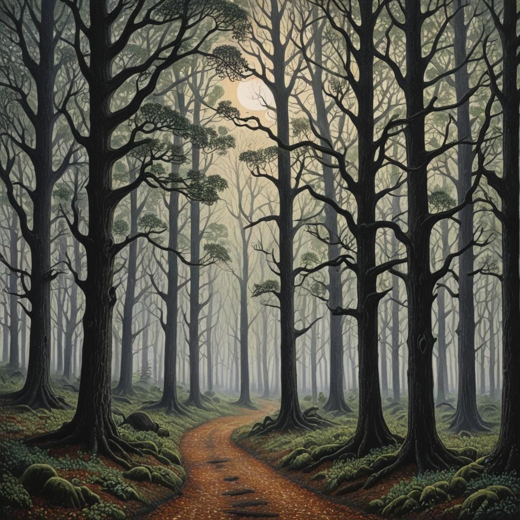 Pointillist Haunted Forest at Night