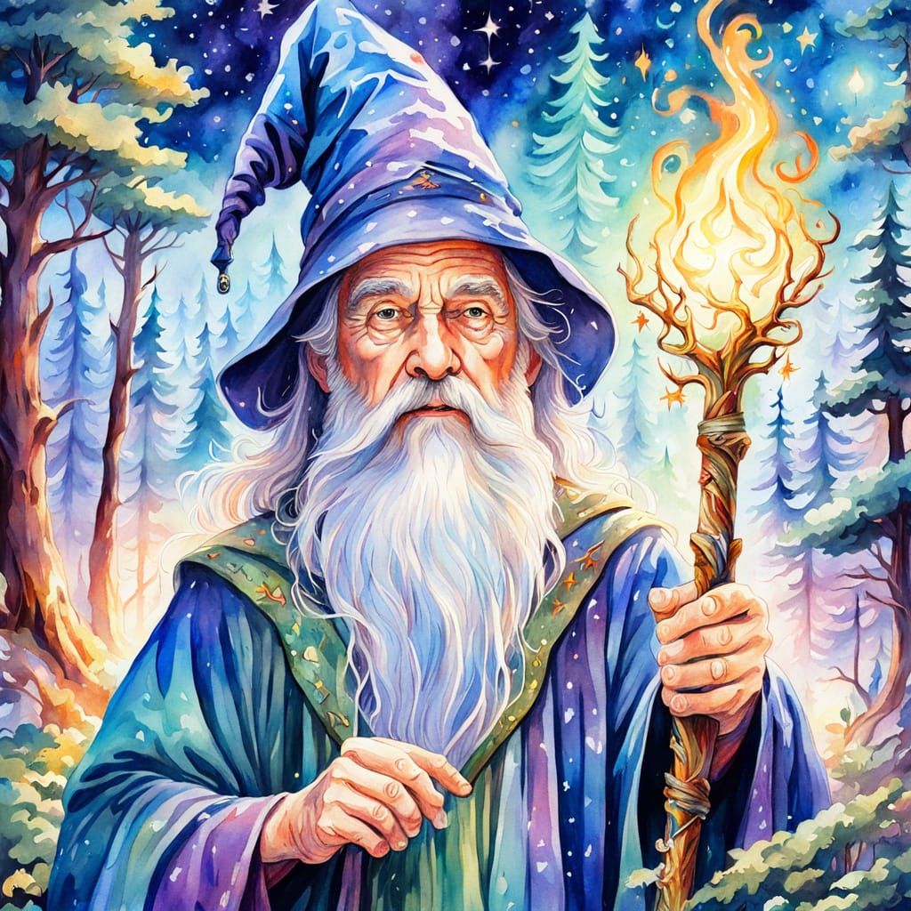 Wizard in Mystical Forest: Fantasy Watercolor Portrait