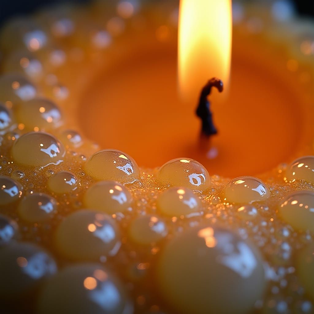 Macro lens, macro photography, mixed media, closeup shot, fisheye. Big bubbles of candle wax dripping and hardening.