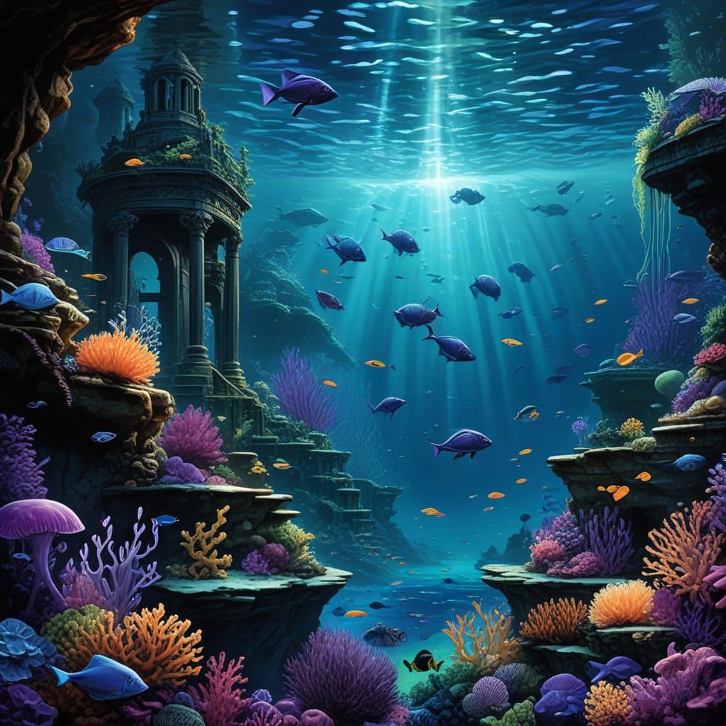 Bioluminescent Coral Reef With Exotic Fish and Ruins