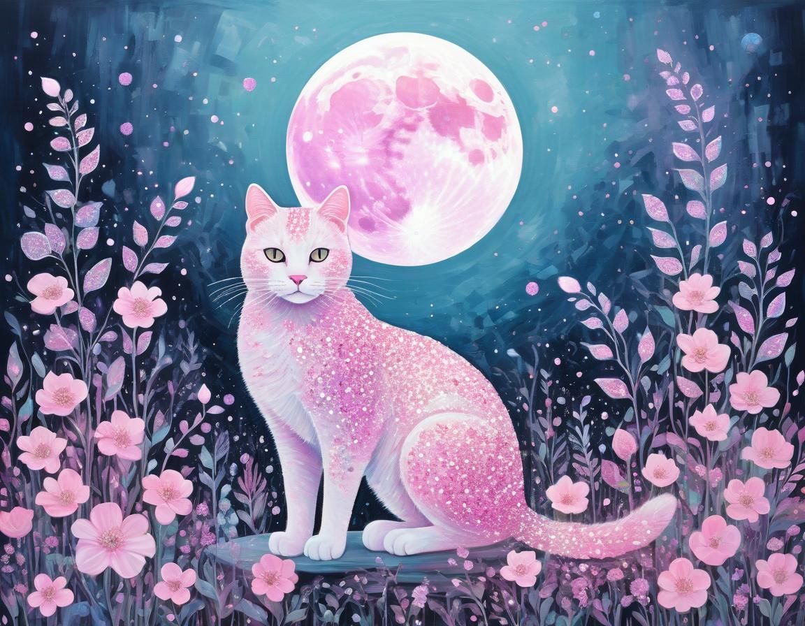 Pink Moon Cat in Ethereal Floral Style