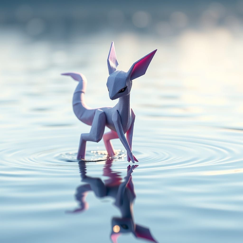 Origami Mewtwo on Tranquil Lake