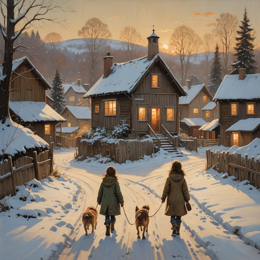 Charming Snowy Village Scene as Oil Painting