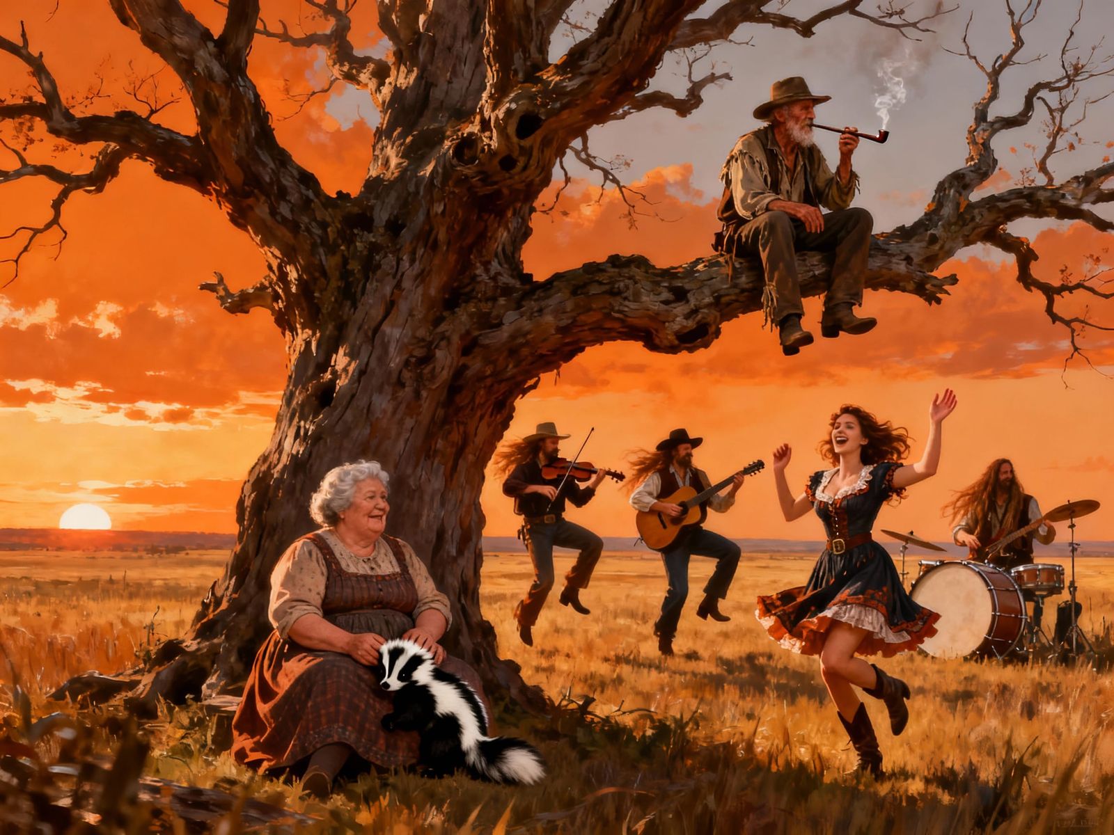 Prairie Scene with Old Man, Skunk, and Country Band