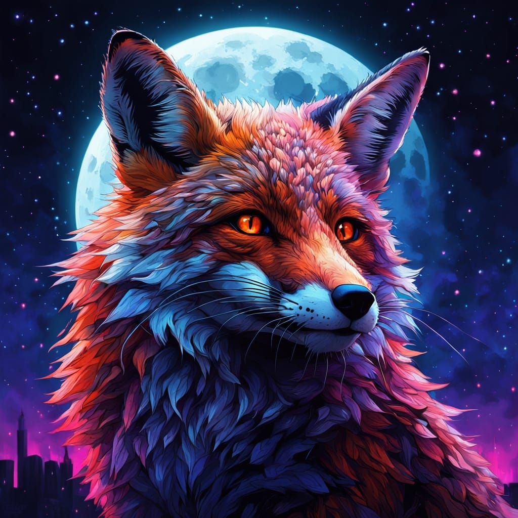 Fox with Rabbit in Neon Noir Digital Art