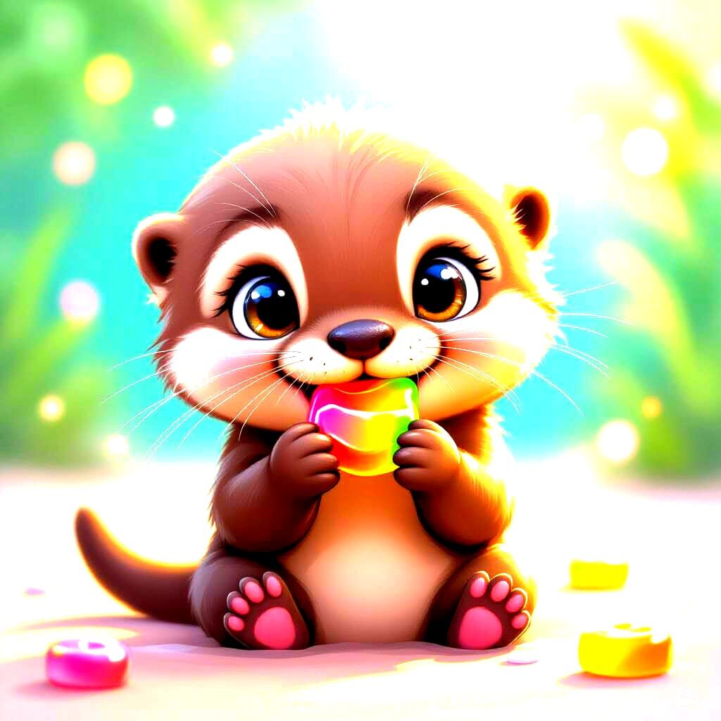 Cute Baby Otter Chewing Sour Gummy Strip in 3D Style