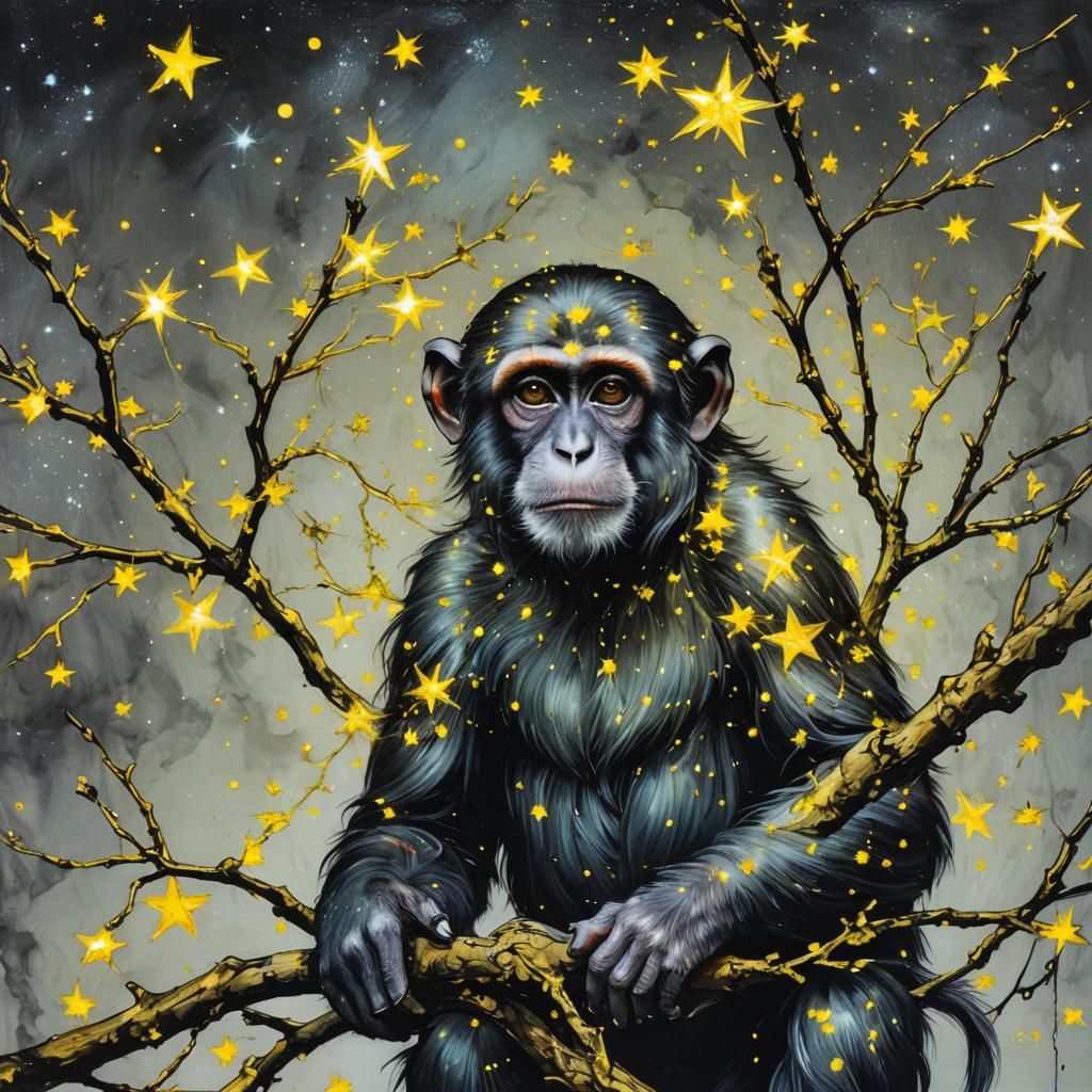 Monkey in Starry Neon Alcohol Ink Self-Portrait