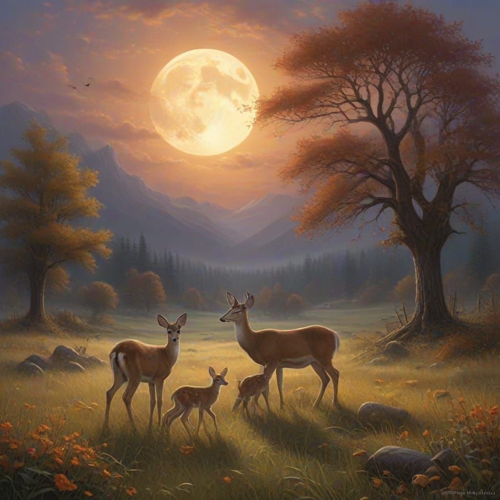 Doe and Fawns in Meadow Under Harvest Moon