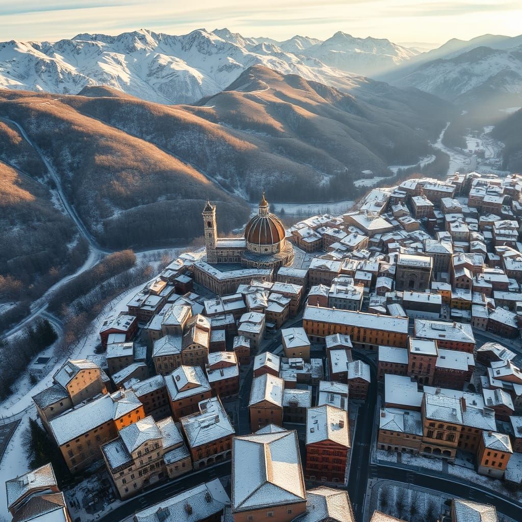 Snow-Dusted Italian Renaissance City Aerial View