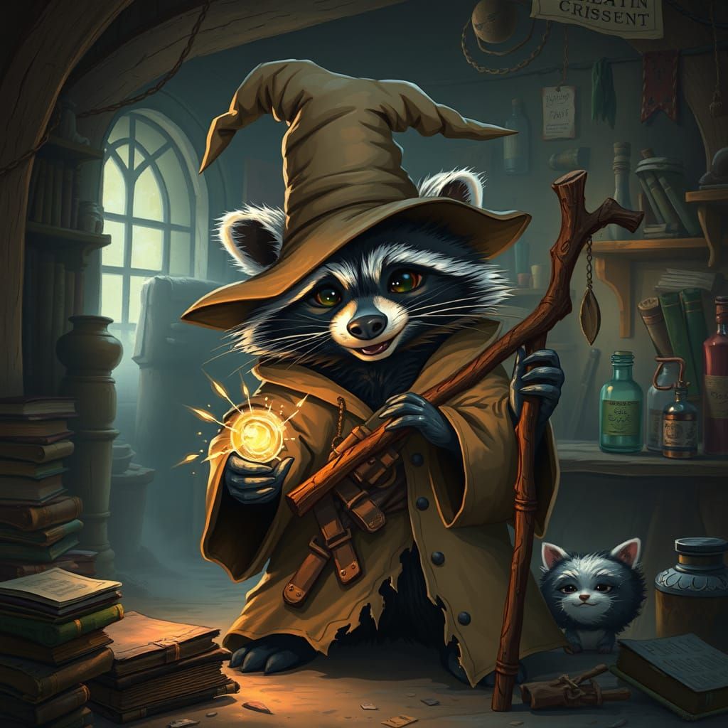 Raccoon Wizard Casting Spell in Dusty Attic