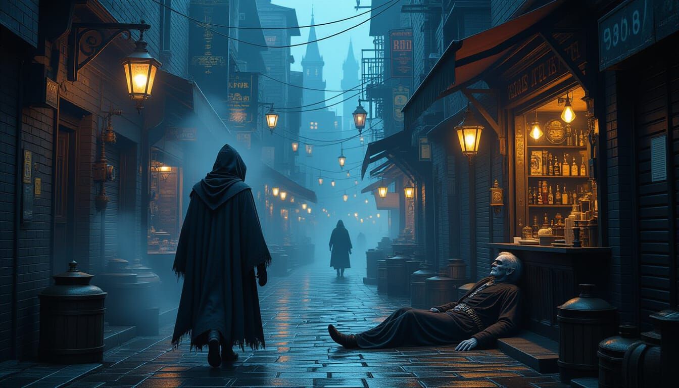 Steampunk Alley: Hooded Figure and Unconscious Elf