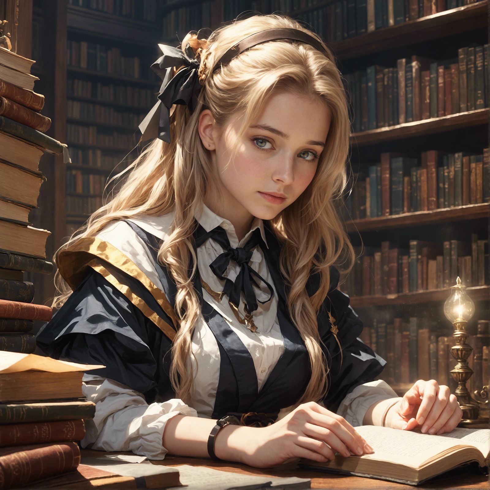 Studious Girl Reading Portrait in Library