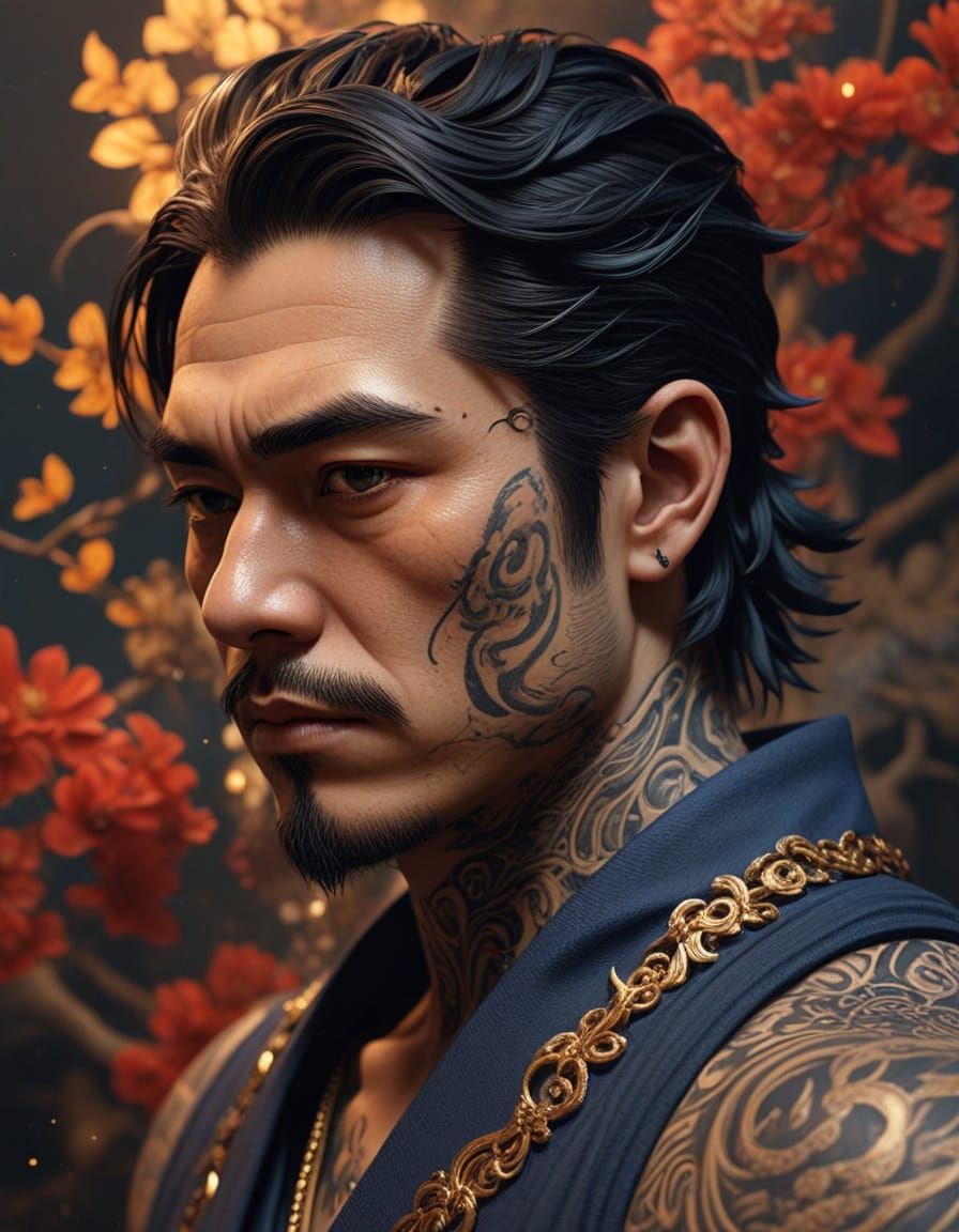 Mafia Boss with Intricate Tattoos in a Smoky Anime Fantasy S...