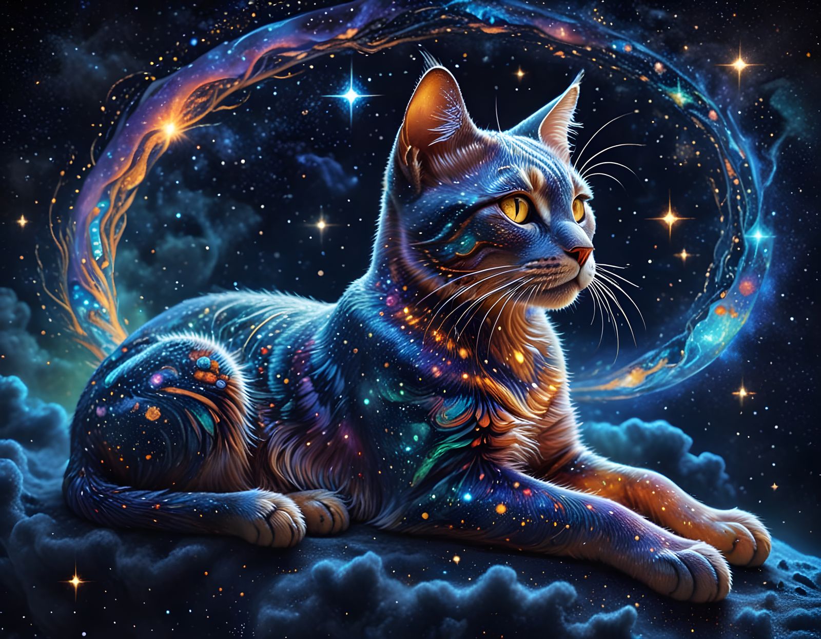 Celestial Cat Adorned with Galaxies in Surreal Style