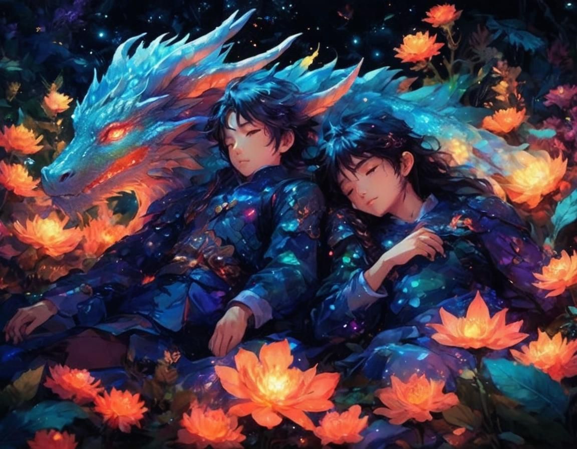 Fantasy Dragon Siblings Sleeping in Bioluminescent Forest