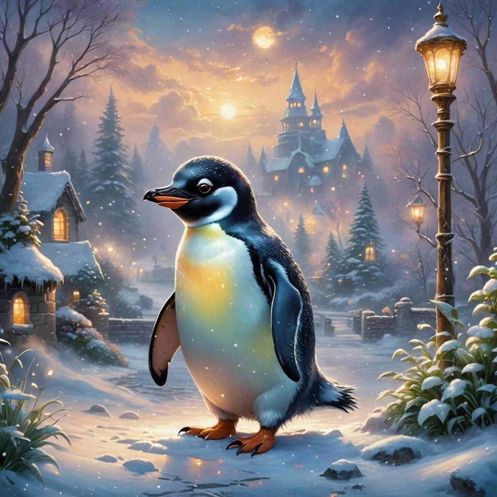 Glowing Penguin in Snowy Fantasy Landscape