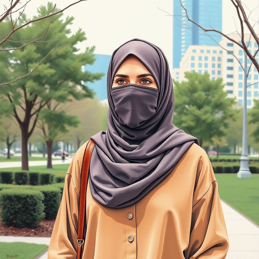 Woman in Niqab Walking in Park, Minimalist Color Pencil Art