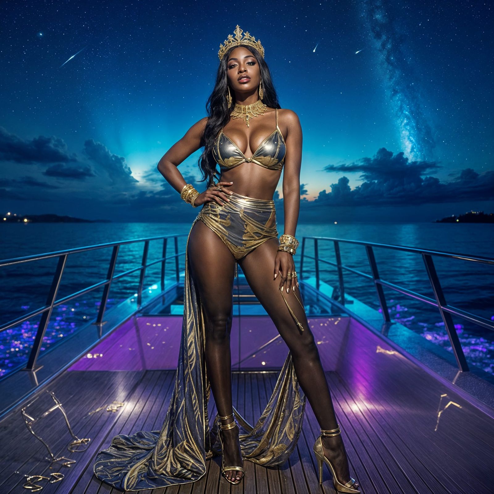 Golden Transgender Woman on Futuristic Yacht at Night